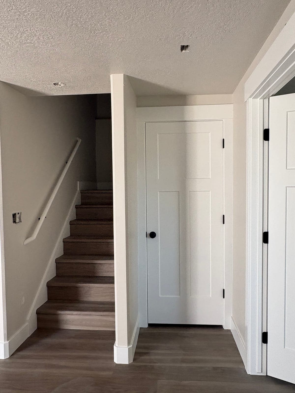 Finished hallway at the bottom of the stairs with white two-panel doors and black hardware