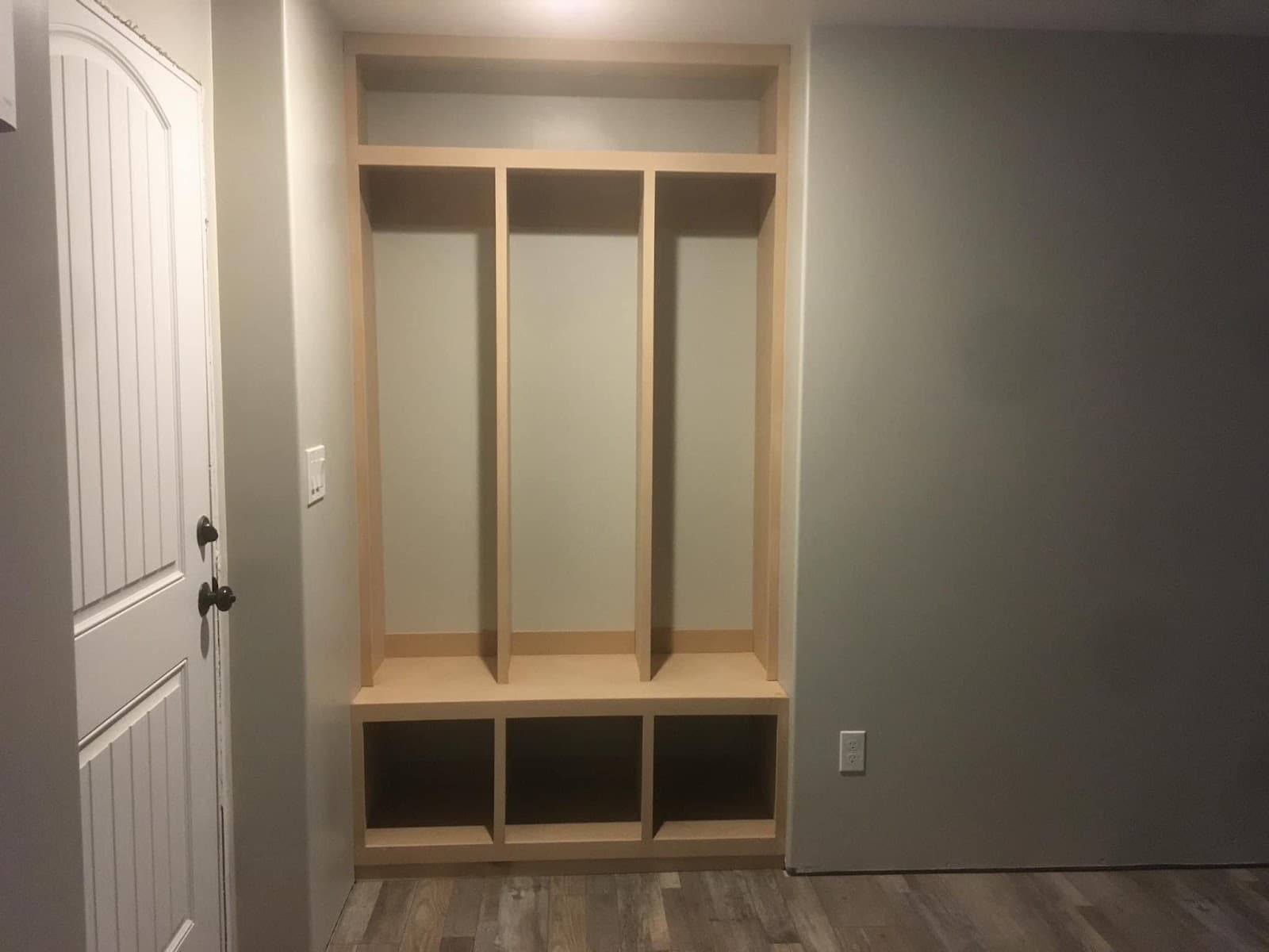 Mudroom lockers and cubbies built in place